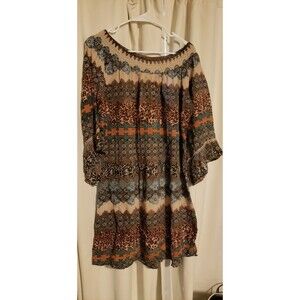 Millenium Womens Large Boho Peasant Dress Animal Print Bell Sleeve Off Shoulder